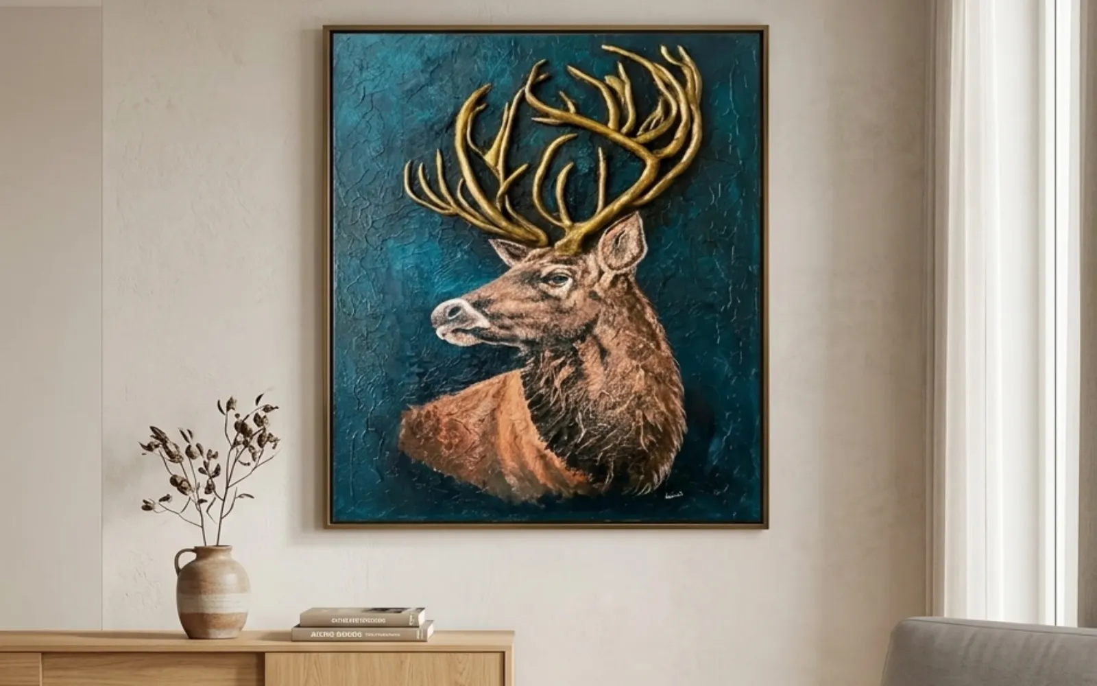 Golden Antlers Deer – Handcrafted Texture Art