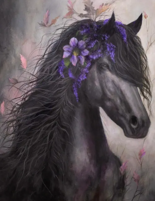 The Midnight Blossom – Majestic Black Horse Painting