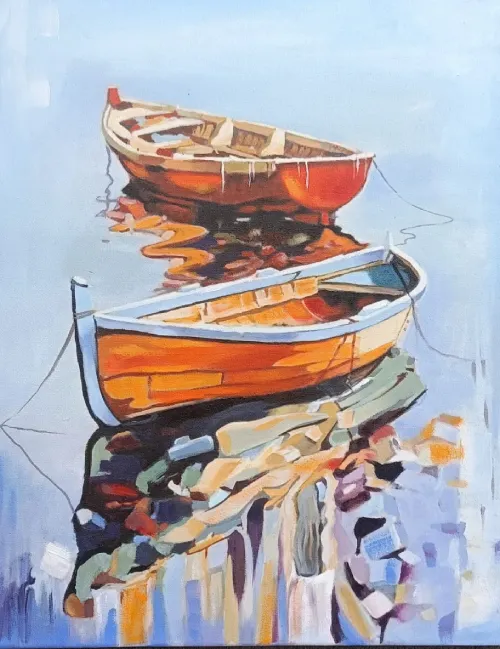 The Silent Anchorage – Vibrant Boat Reflection Painting